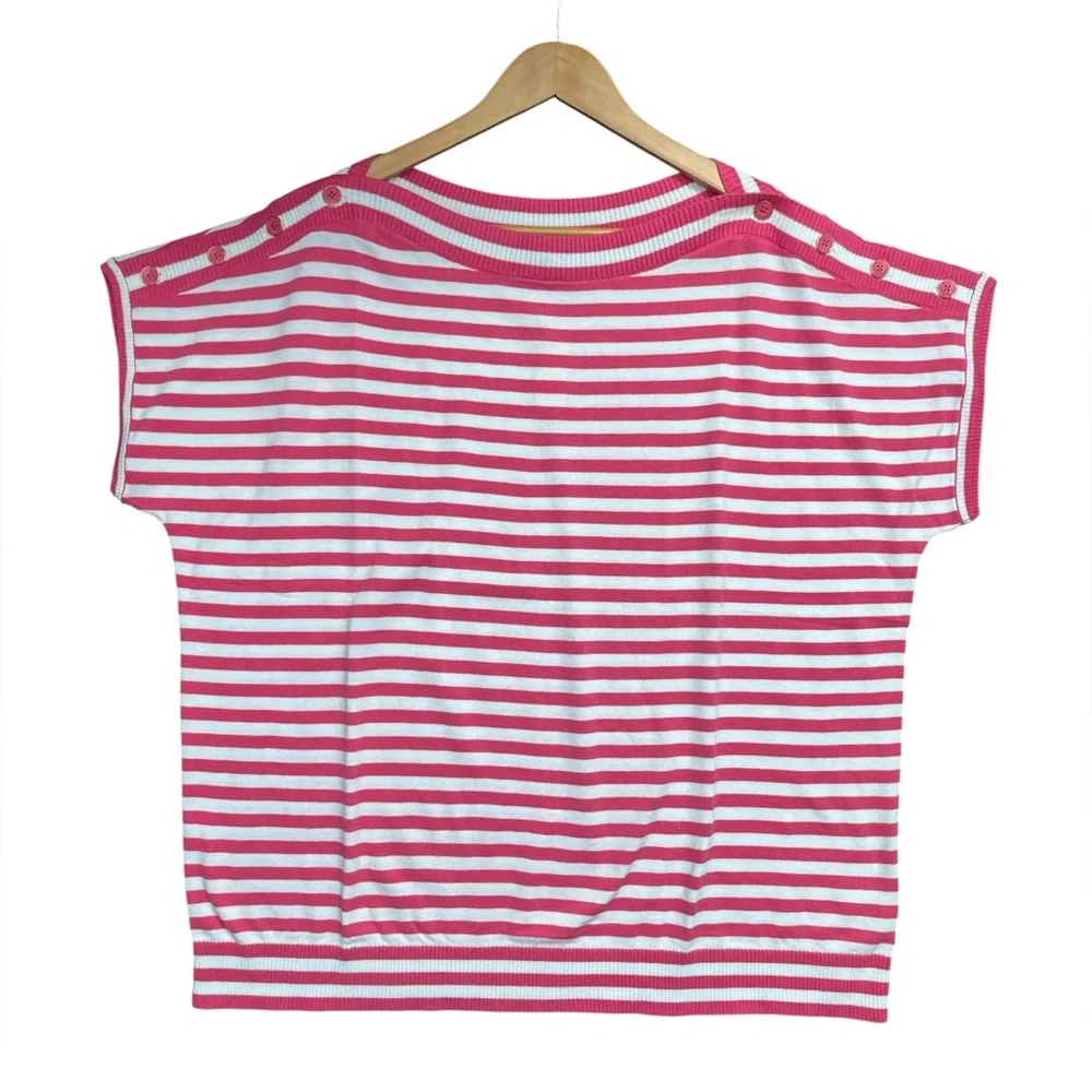 Talbots Pink and White Striped Boatneck Sweater Top - Picture 3 of 9